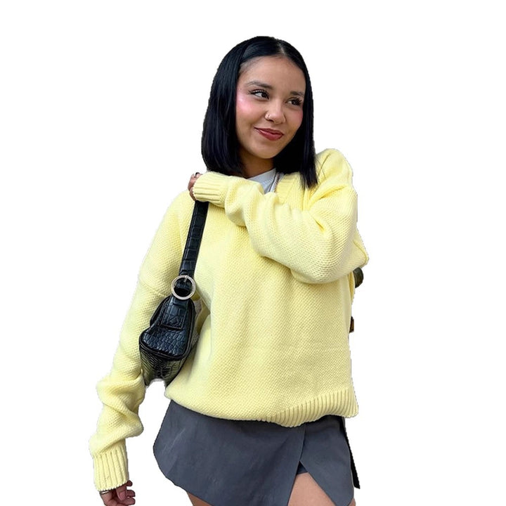 Women Oversize V-Neck Fine Knit Sweater with Structured Stitch Look and Ribbed Cuffs Amarae