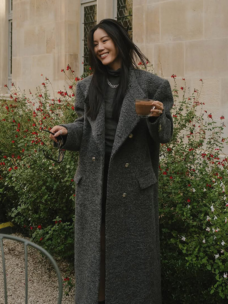 Women Maxi Long Oversize Wool Blend Coat Double-Breasted with Boxy Silhouette and Patch Pockets Amarae