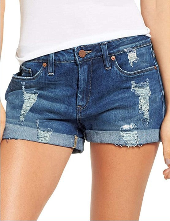 Women's fashionable destroyed denim shorts with rolled hem Lune London