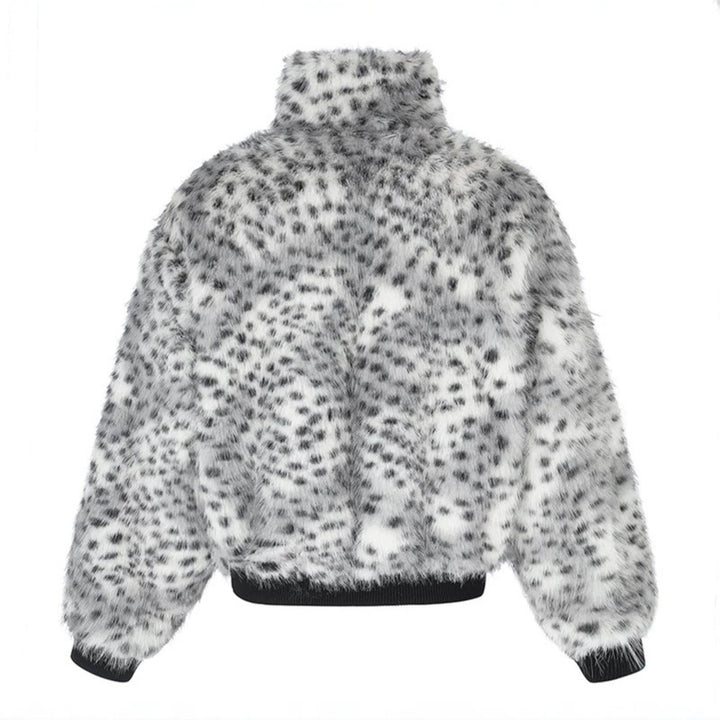 Women's Cropped Faux Fur Bomber Jacket with High Stand-Up Collar, Polka Dot Leopard Pattern, and Ribbed Hem Amarae