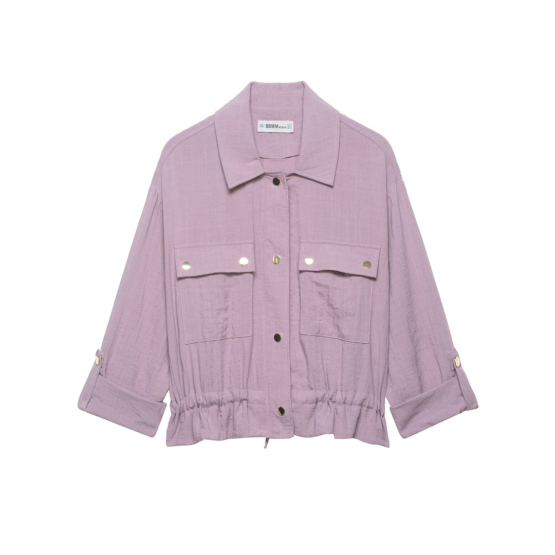 Women's Lightweight Shirt Blouse Utility Jacket with Drawstring Waist and Flap Pockets