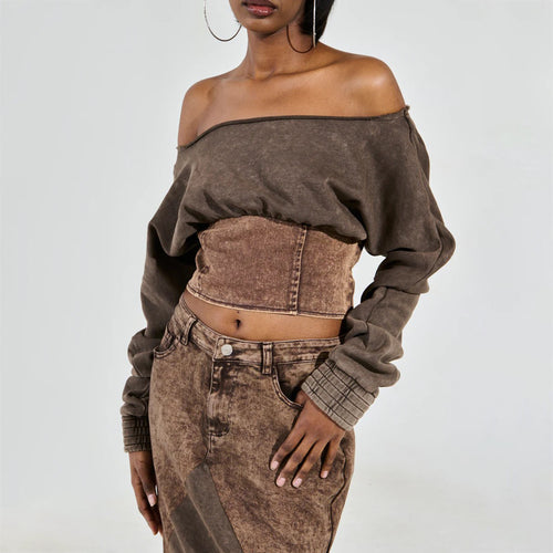 Short sweatshirt for women with a casual off-the-shoulder design and a trendy waist Amarae