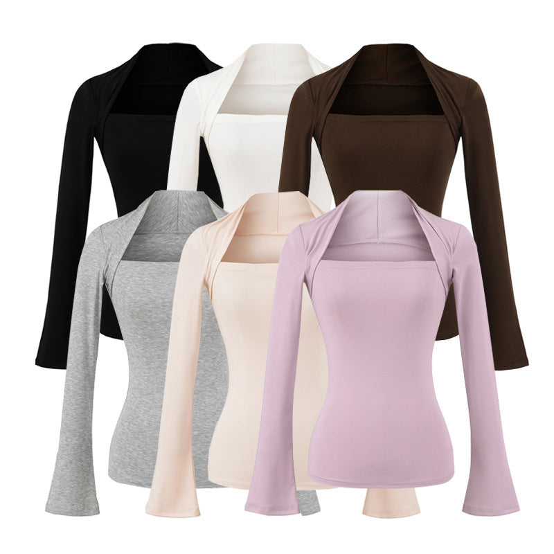 Women's fitted long-sleeve top with wide shawl collar and trumpet sleeves Amarae