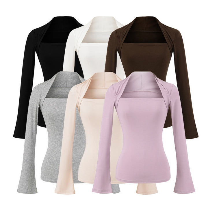Women's fitted long-sleeve top with wide shawl collar and trumpet sleeves Amarae