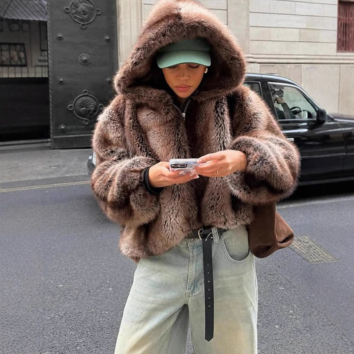 Women's Boxy Faux Fur Hoodie with Voluminous Hood and Loose Silhouette Amarae