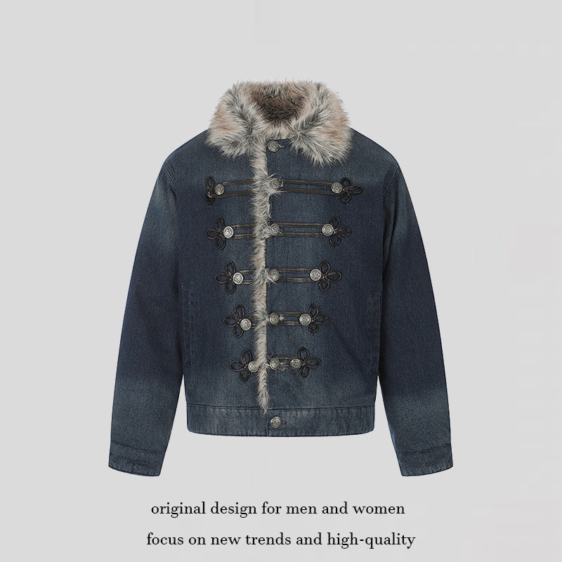 Ladies' denim jacket with faux fur collar and military decorative buttons Amarae