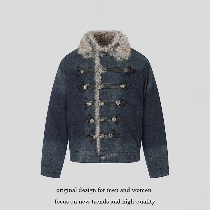 Ladies' denim jacket with faux fur collar and military decorative buttons Amarae