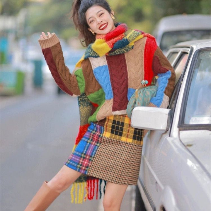 Pull en tricot épais pour femmes avec un motif patchwork accrocheur Chic & Stil