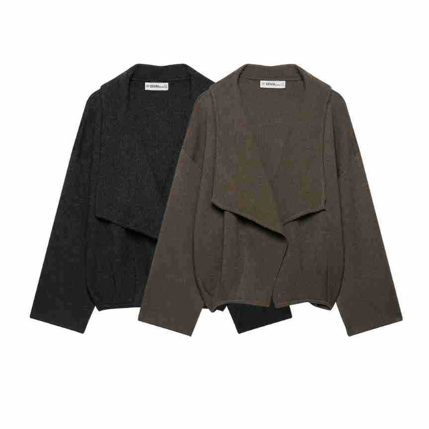 Women's short cut open wool blend cardigan with large shawl collar and boxy cropped silhouette Amarae