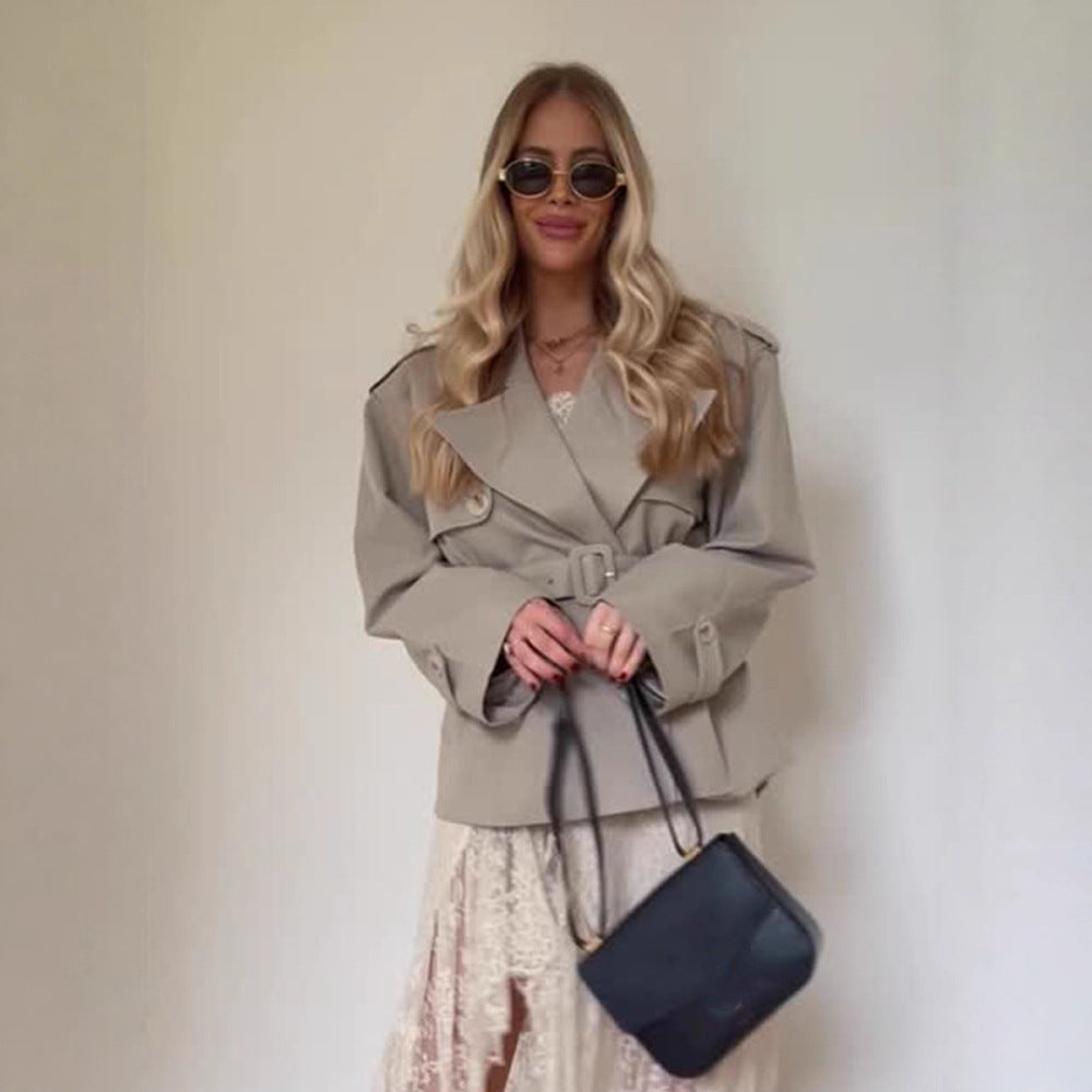 Women's short trench-style jacket with a tailored tie belt and wide sleeves Amarae