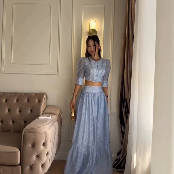 Women's Two-Piece Chiffon Set with Cropped Puff Blouse and Tiered Maxi Skirt Amarae