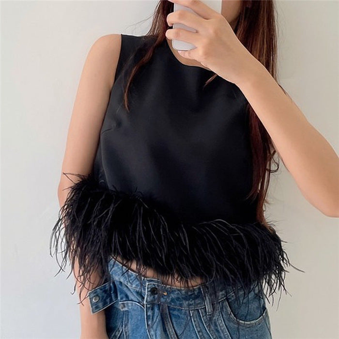 Ladies Elegant Top with Feathers and Chic Round Neck