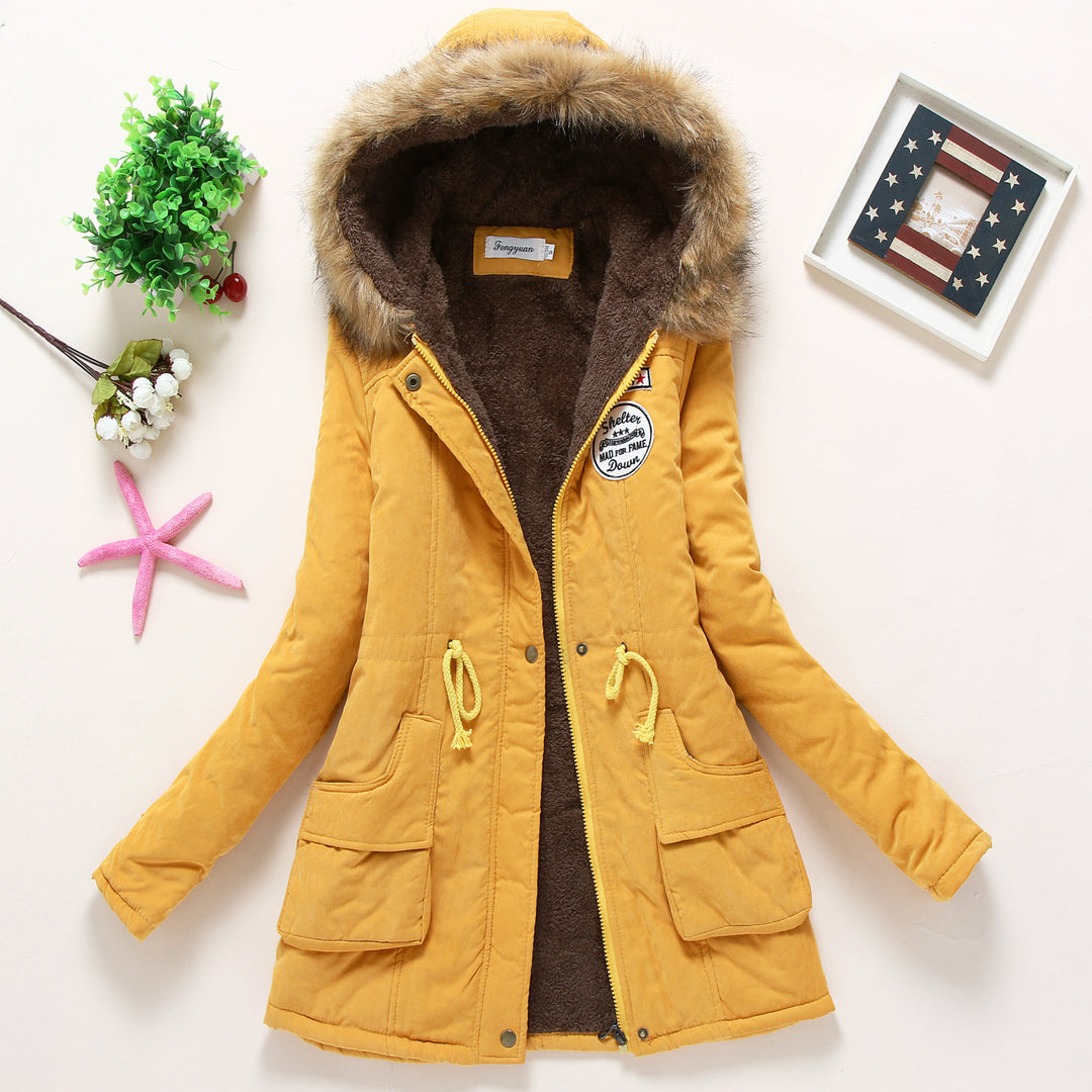 Ladies quilted parka jacket with hood and faux fur lining Lune London