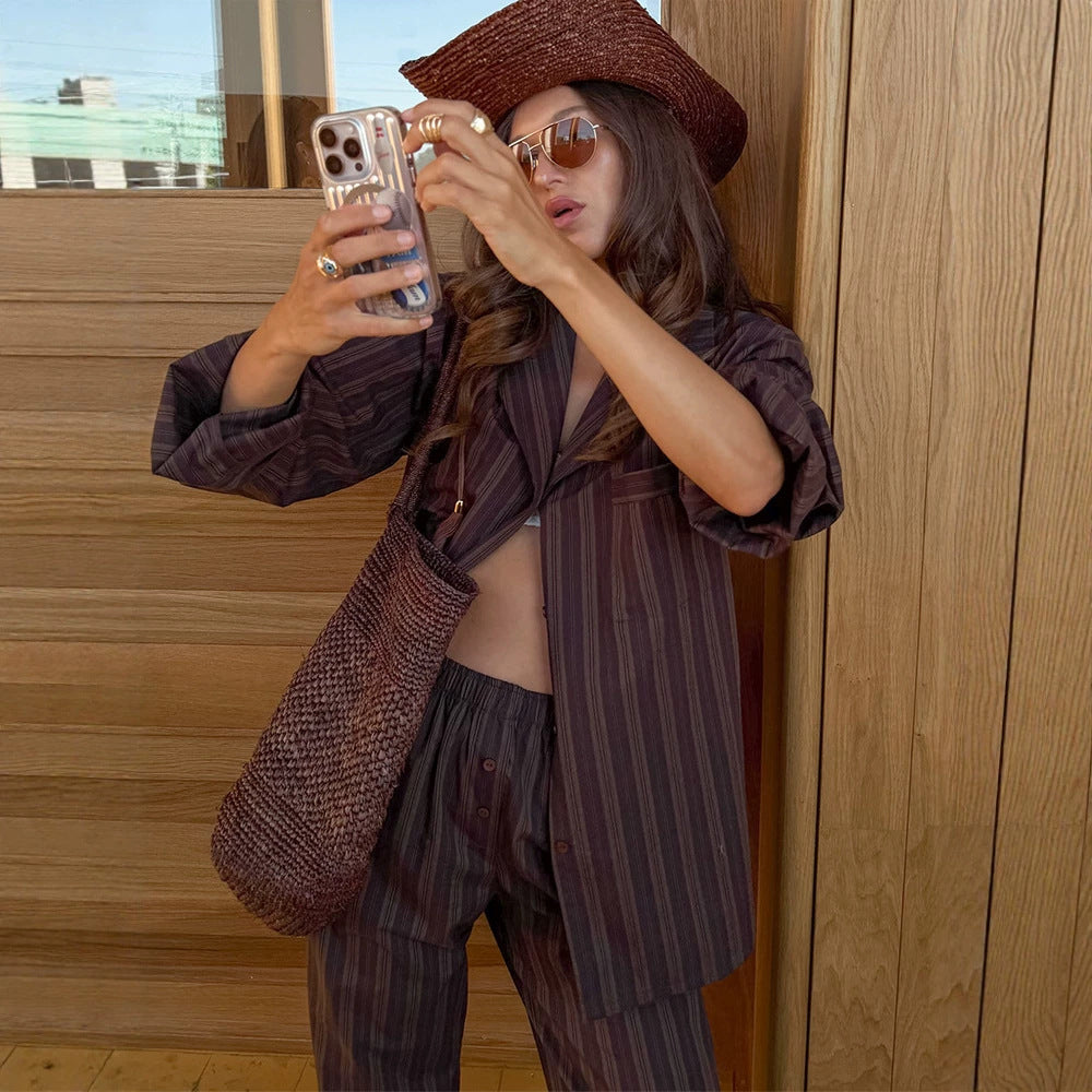 Women's Oversized Striped Blazer Set with Relaxed Linen Blend Pants Amarae