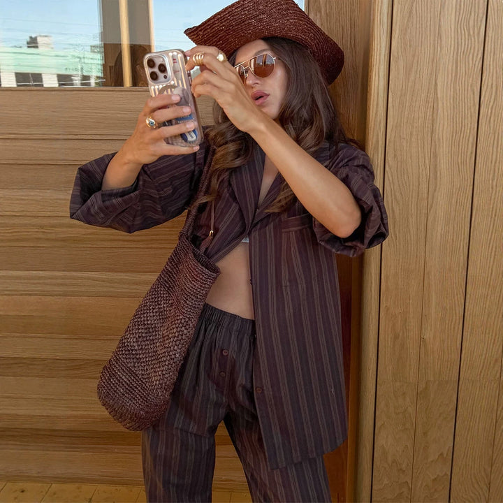 Women's Oversized Striped Blazer Set with Relaxed Linen Blend Pants Amarae