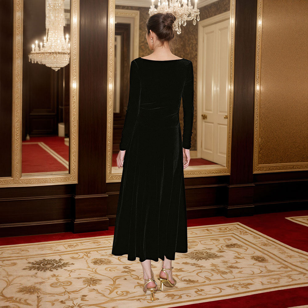 Robe maxi élégante pour femme avec encolure drapée flatteuse et manches longues Chic & Stil
