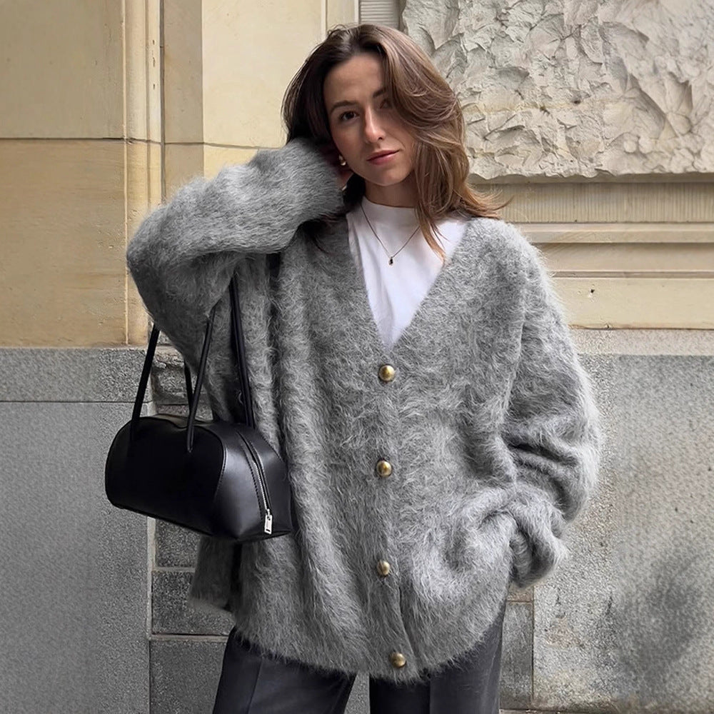 Women Fluffy Mohair-Optic Oversized Cardigan with V-Neck and Gold Decorative Buttons Amarae