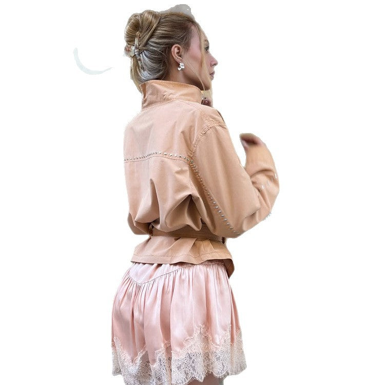 Women's satin lace mini skirt with luxurious shine and delicate lace trim Amarae