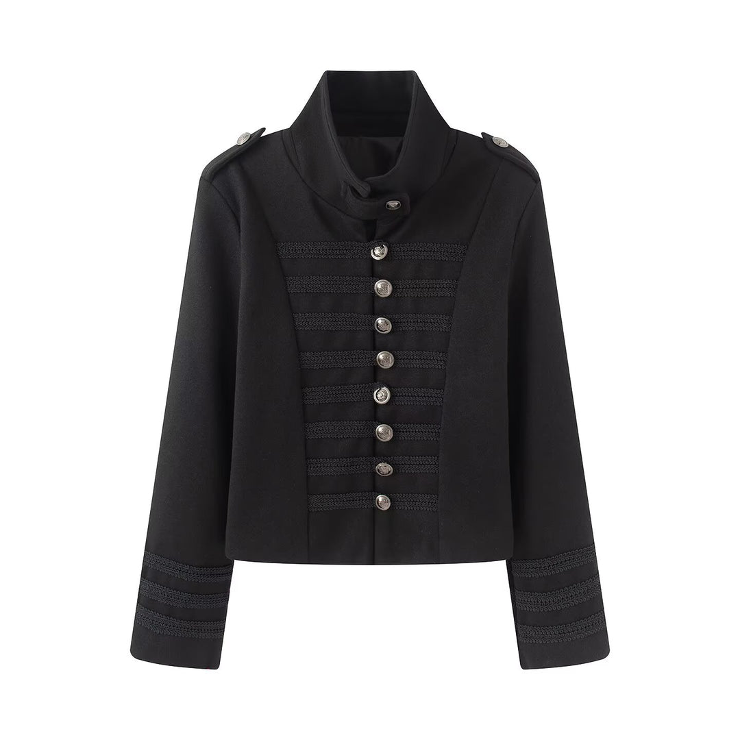 Women's short jacket in hussar style with stand-up collar, decorative cords and metal button placket Amarae