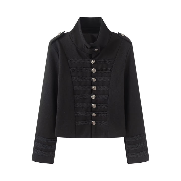 Women's short jacket in hussar style with stand-up collar, decorative cords and metal button placket Amarae