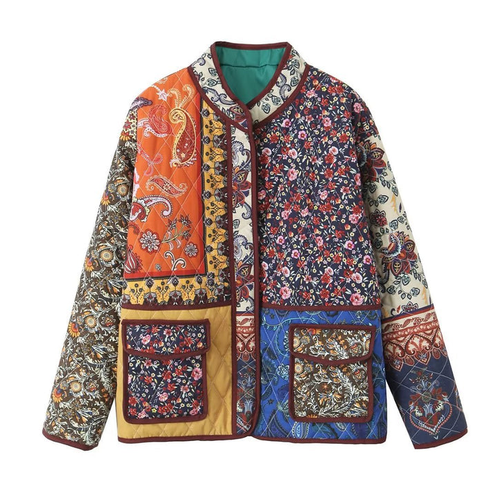 Lady quilted patchwork jacket with practical pockets and colorful pattern Lune London