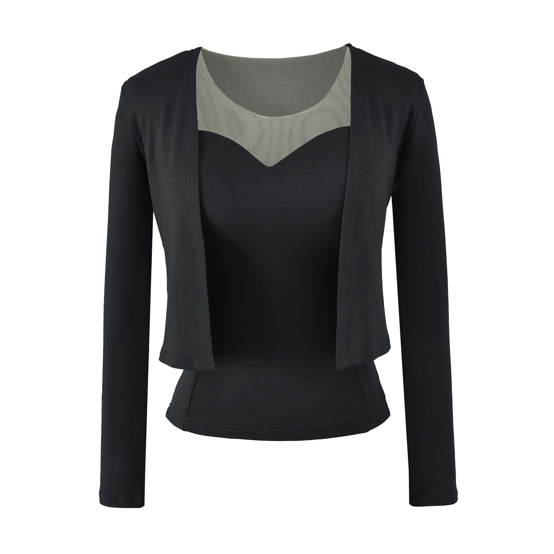 Ladies Two-Piece Fine Knit Top Set with Mesh Insert and Open Cardigan Amarae