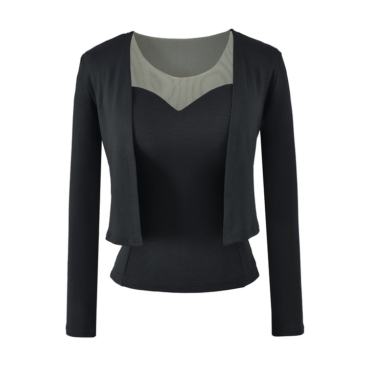 Ladies Two-Piece Fine Knit Top Set with Mesh Insert and Open Cardigan Amarae