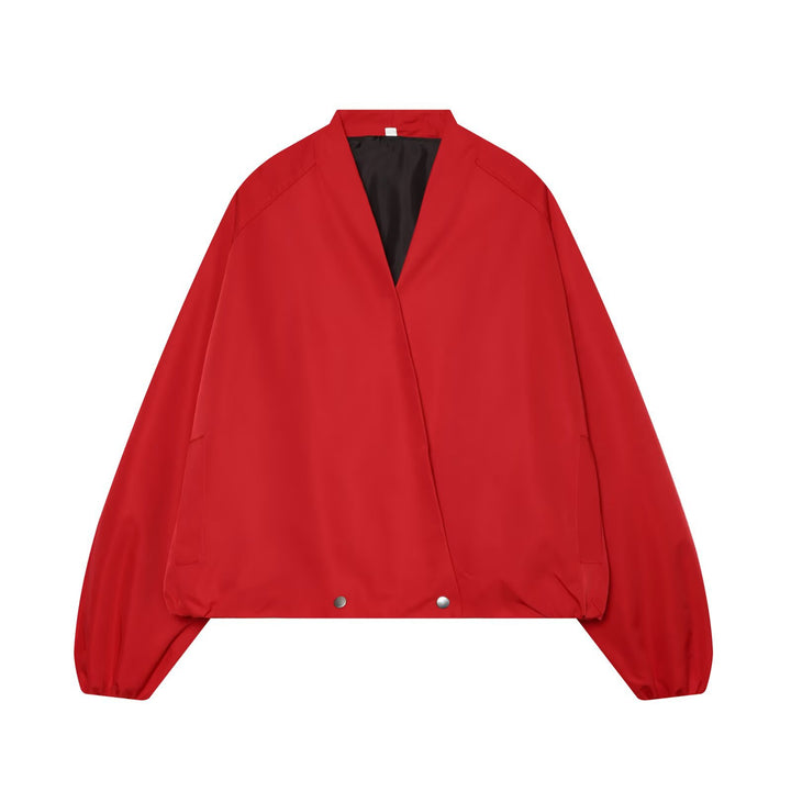 Women's bomber-style short jacket with kimono collar, balloon sleeves, and elastic hem Amarae