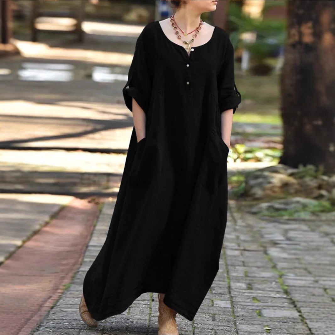 Long dress for women with button details and practical pockets Lune London