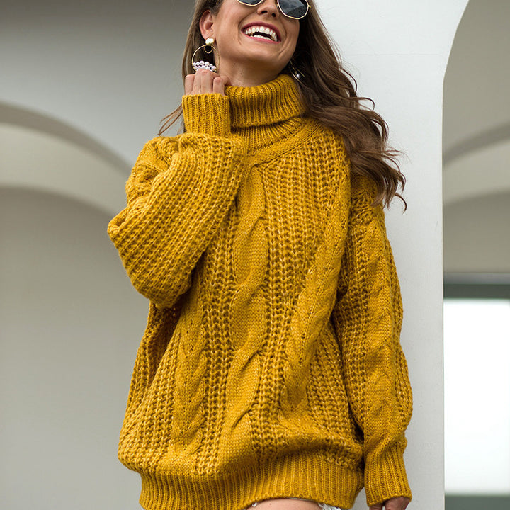 Pull oversize en tricot pour femmes avec col roulé et motif en cable Chic & Stil