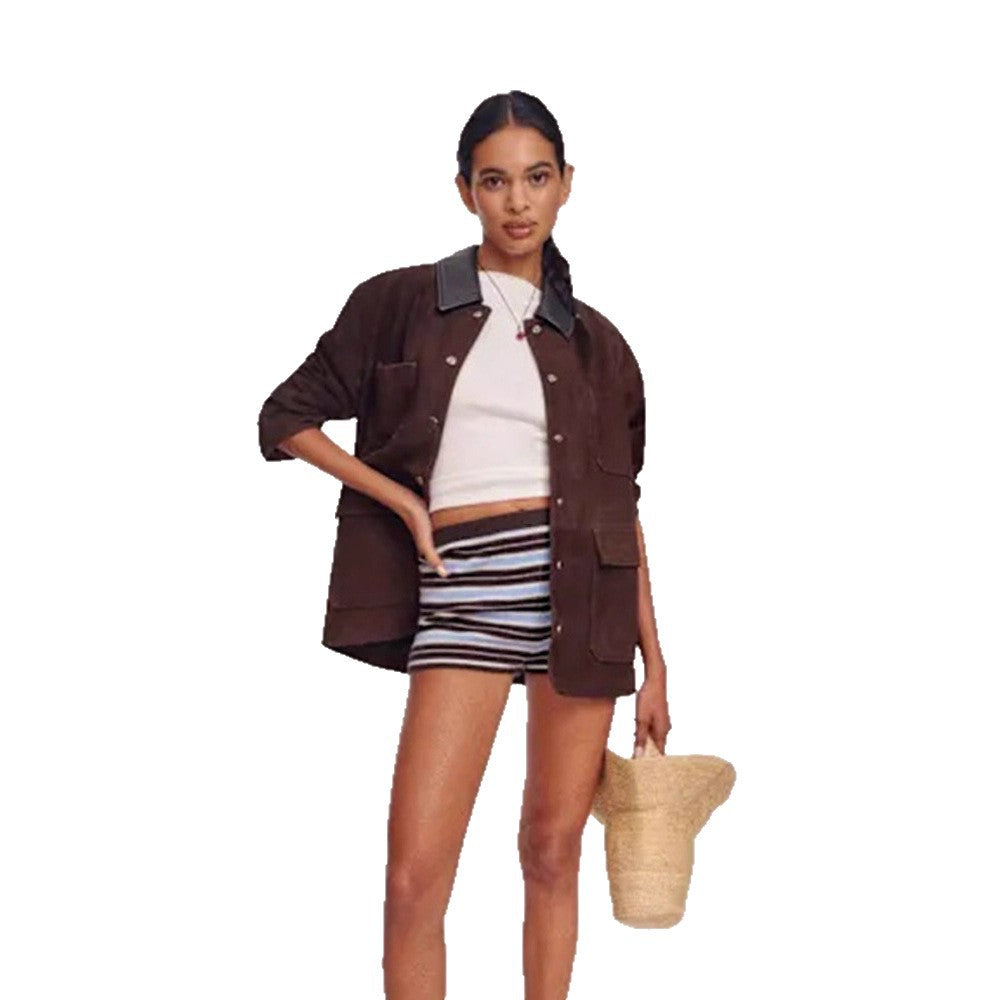 Women's Oversized Utility Jacket in Suede Look with Contrast Collar & Patch Pockets Amarae