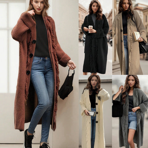 Casual knit coat for women with fringed finishes and large pockets Amarae