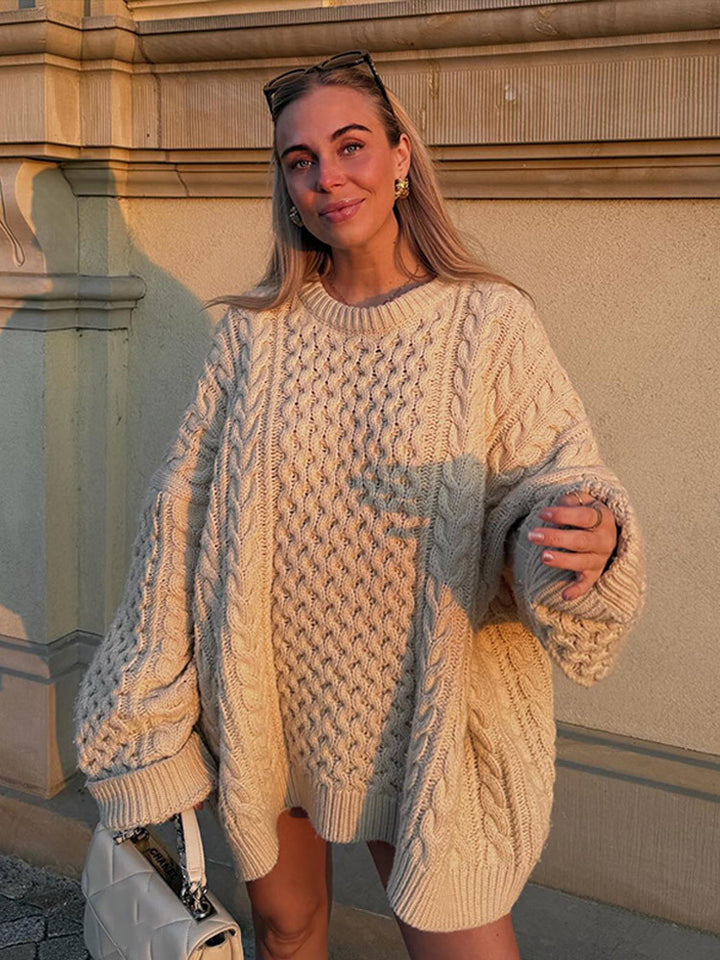 Women's Oversized Chunky Knit Sweater with Cable Knit Pattern and Wide Balloon Sleeves Amarae