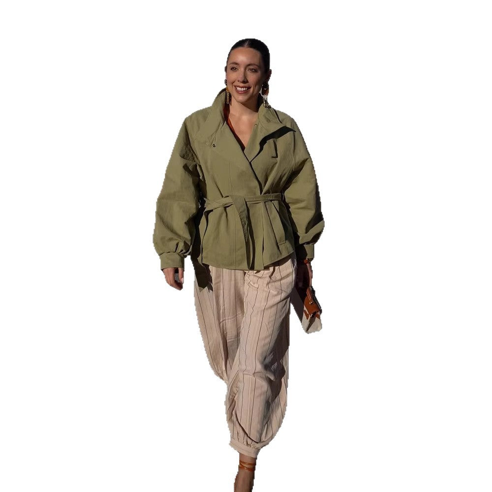 Women's Tailored Short Parka with Stand-up Collar, Balloon Sleeves and Ties Belt Amarae