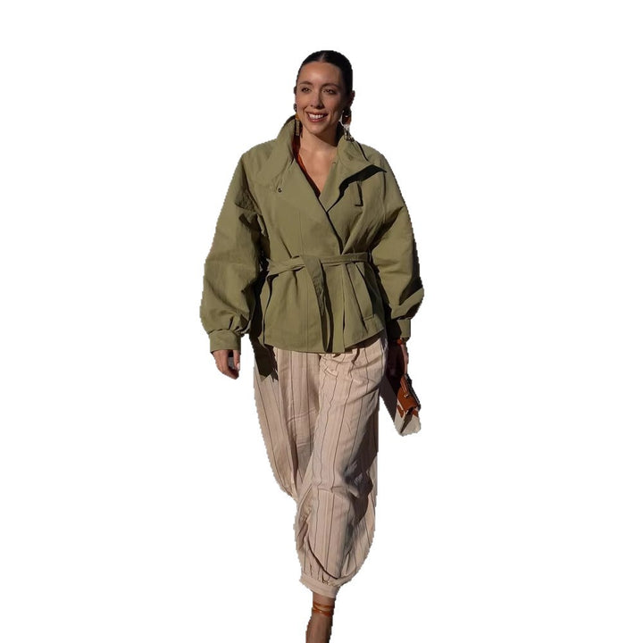 Women's Tailored Short Parka with Stand-up Collar, Balloon Sleeves and Ties Belt Amarae