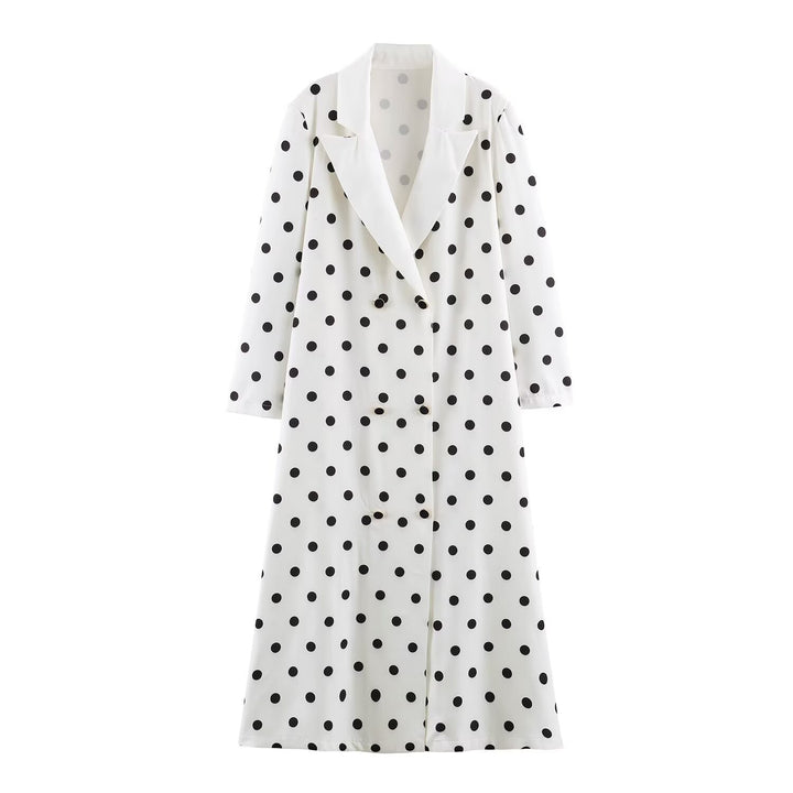 Women Mid-length Coat with Polka Dot Print, Double-breasted and Shawl Collar Amarae
