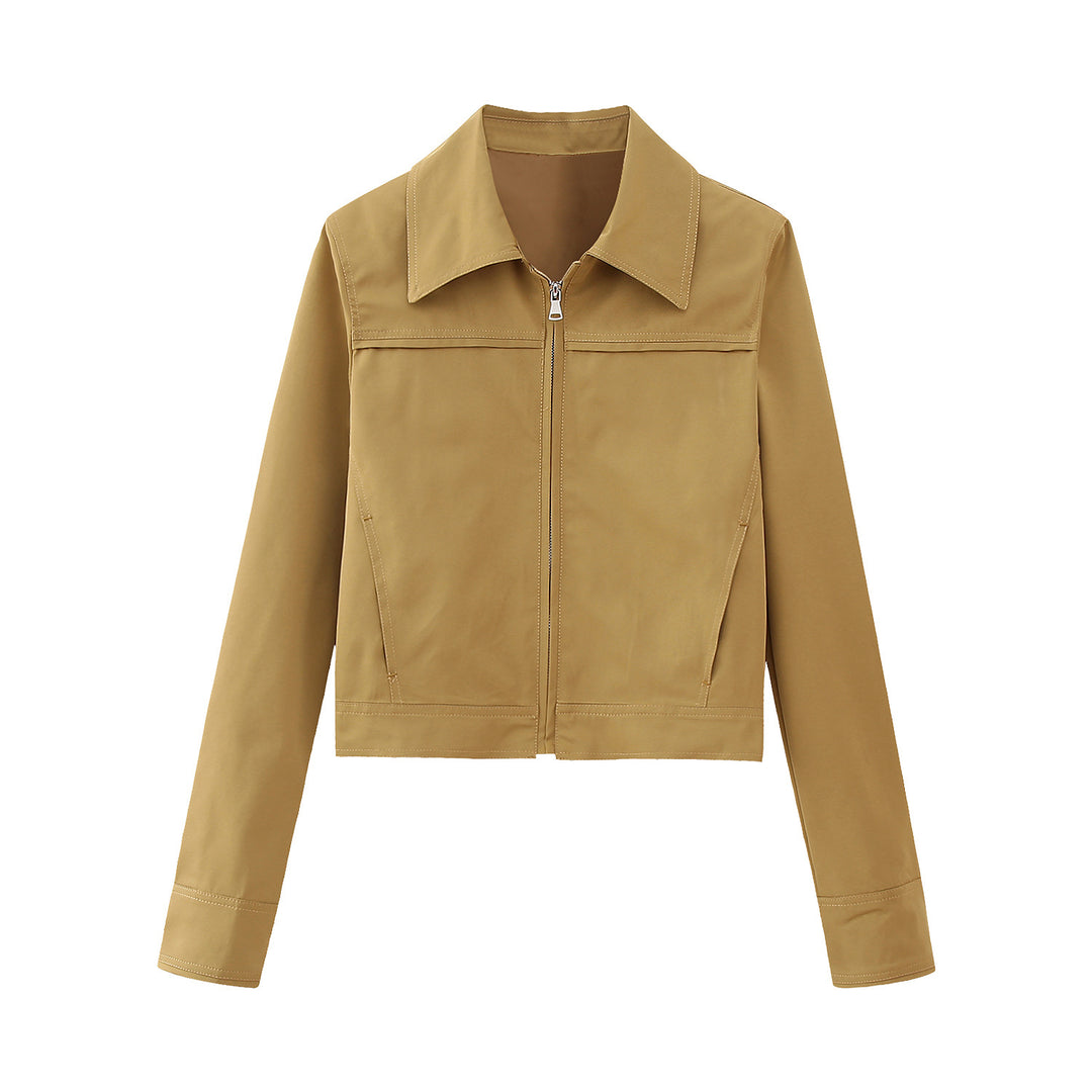 Women's cropped bomber jacket with wide shirt collar and concealed zipper Amarae
