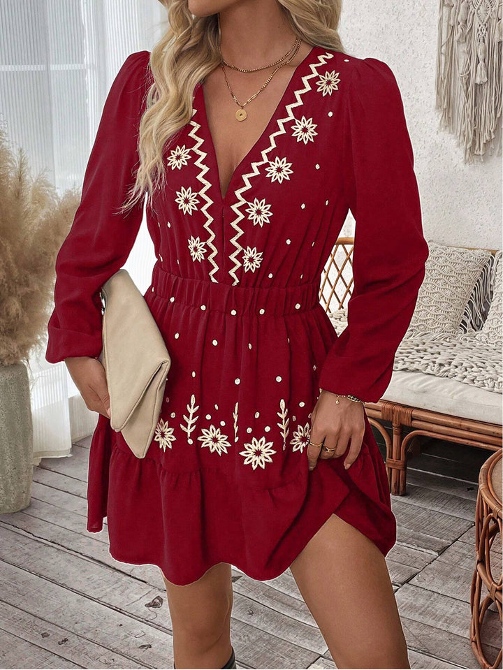Mini dress for women with floral embroidery detail and waist belt Lune London