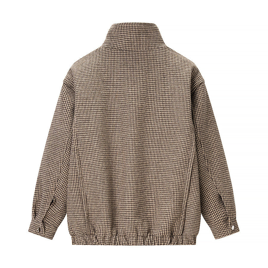 Women Structured Knitted Bomber Jacket with High Stand-Up Collar and Ribbed Hem Amarae