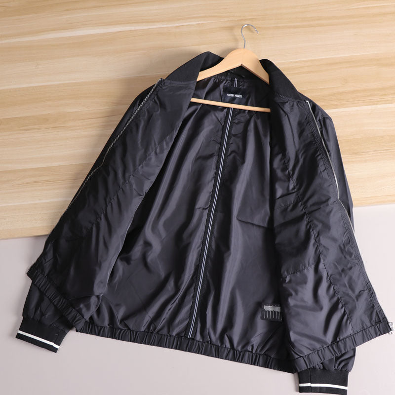 Men's Lightweight Windbreaker Bomber Jacket with Striped Ribbed Cuffs and Lining Amarae