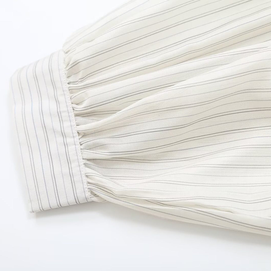 Women's Striped Blouse with Delicate Lace Embroidery and 3/4 Balloon Sleeves