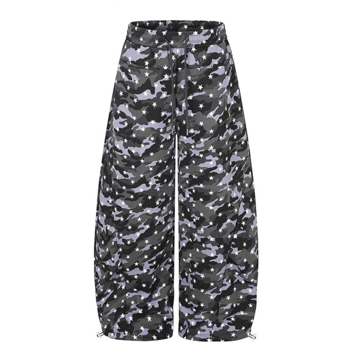 Women's casual palazzo pants in balloon cut with camouflage star print and adjustable hem drape
