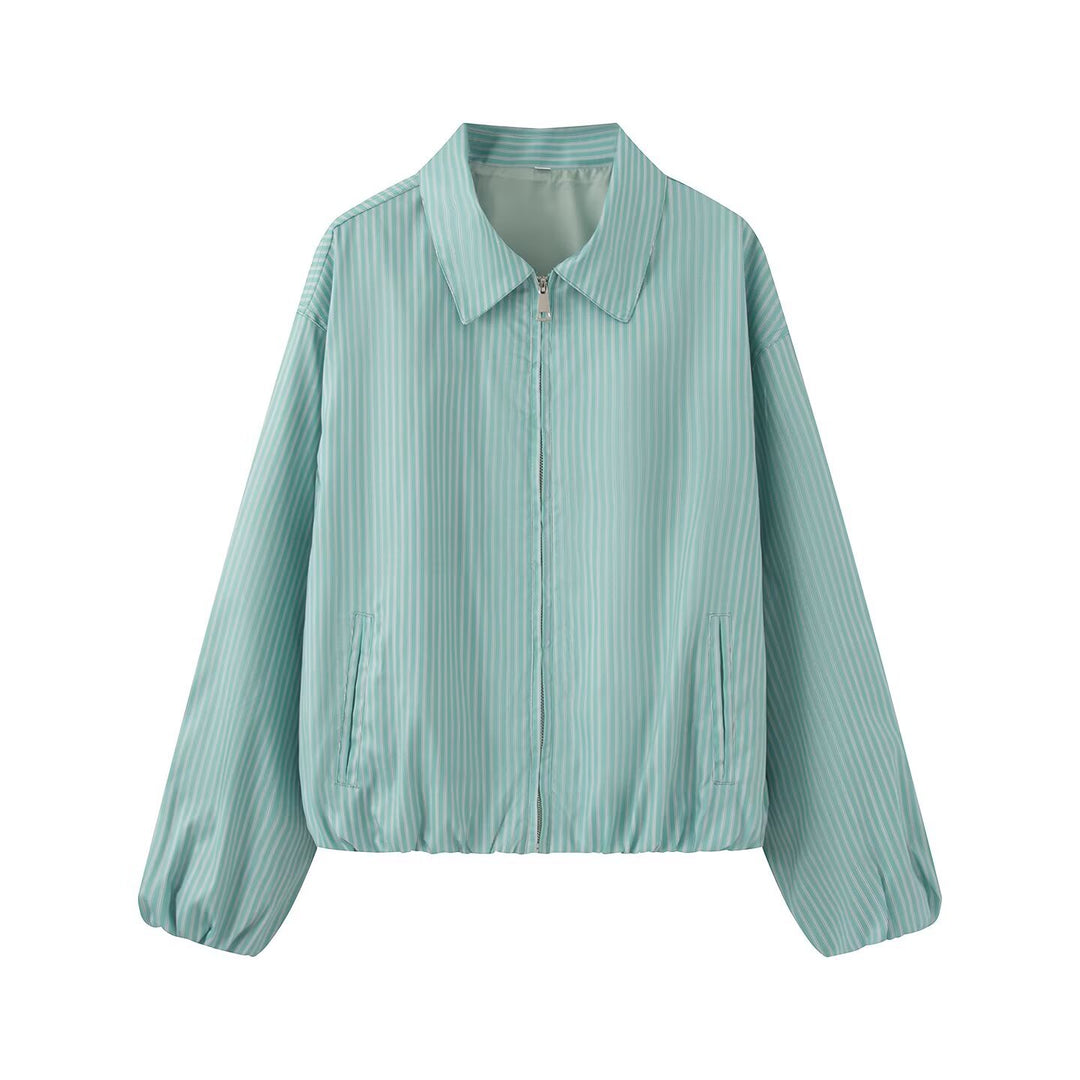 Women's Lightweight Striped Blouson Jacket with Zipper, Shirt Collar and Elastic Hem Amarae