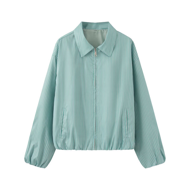 Women's Lightweight Striped Blouson Jacket with Zipper, Shirt Collar and Elastic Hem Amarae