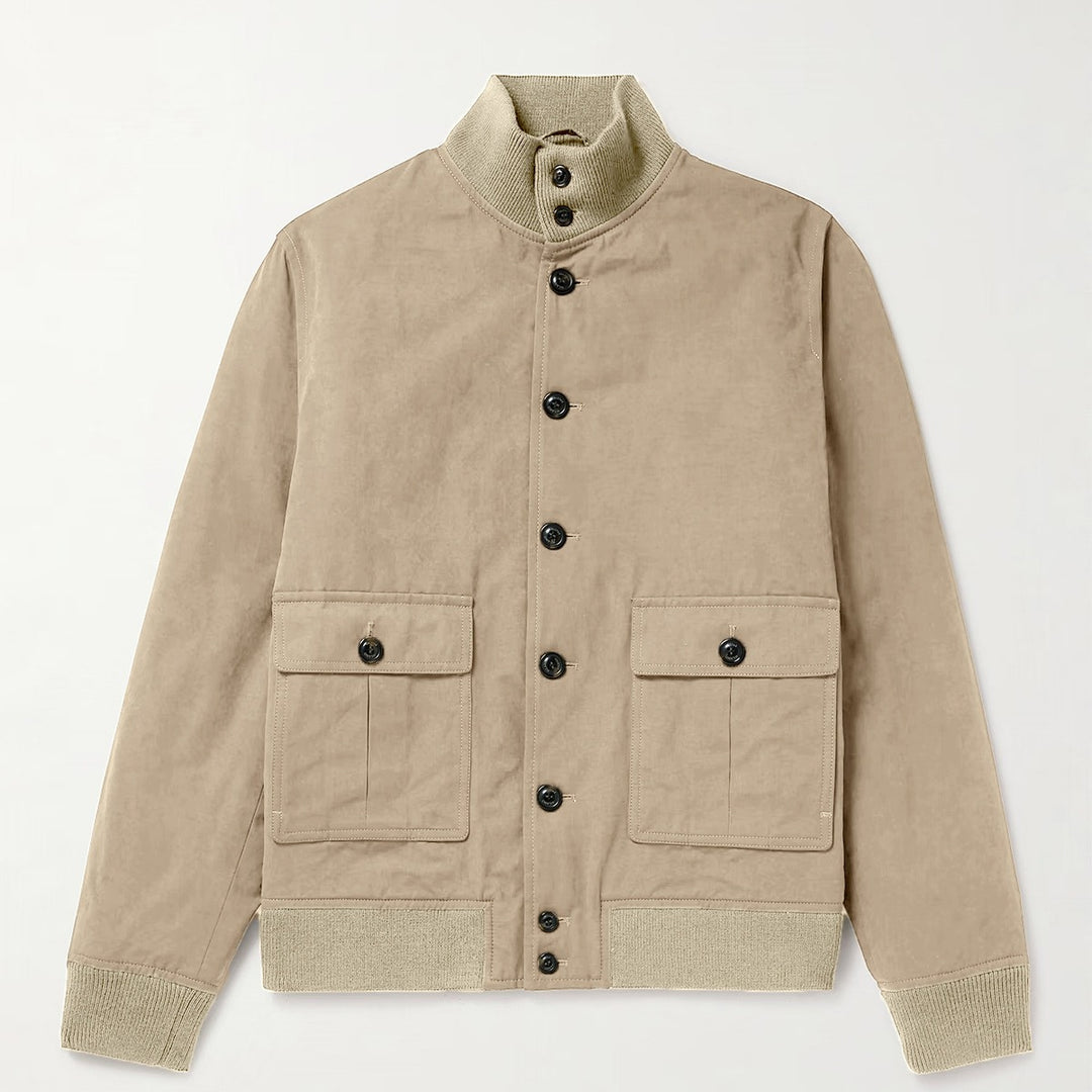 Trendy transitional jacket for men with high collar and patch pockets Lune London