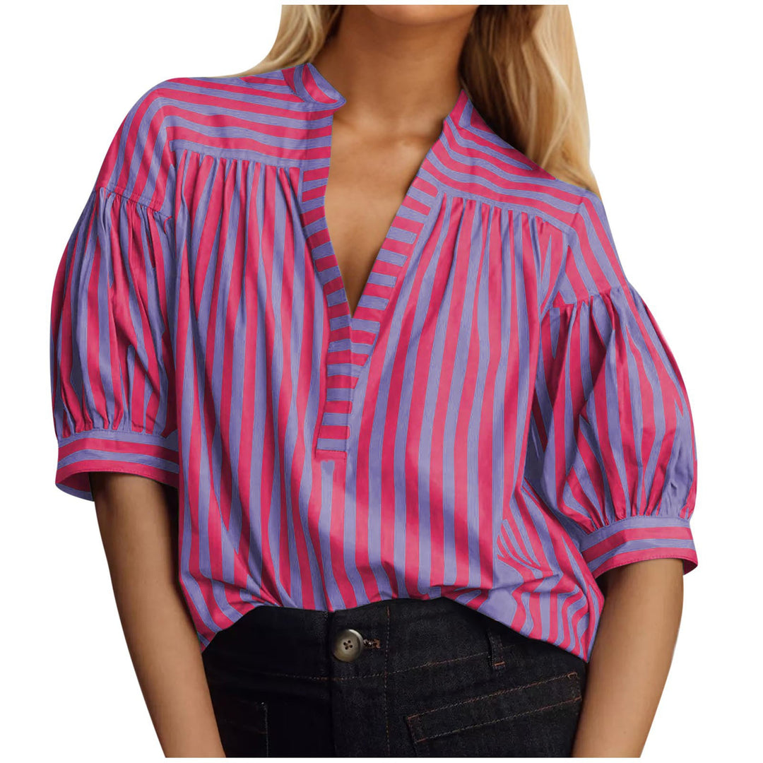 Puff sleeve blouse for ladies with V-neck and striped pattern Lune London