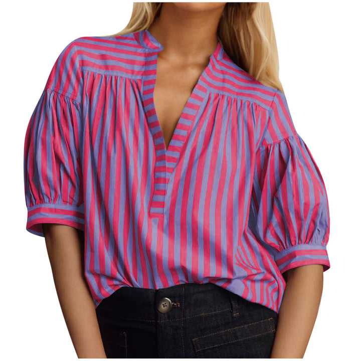 Puff sleeve blouse for ladies with V-neck and striped pattern Lune London