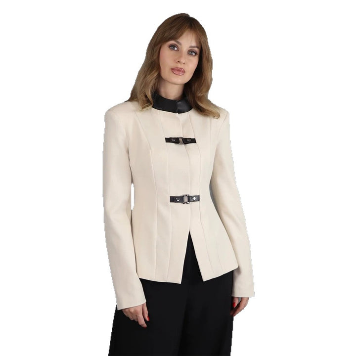 Women's Tailored Blazer with Stand-Up Collar, Waist Seams, and Decorative Strap Closures Amarae