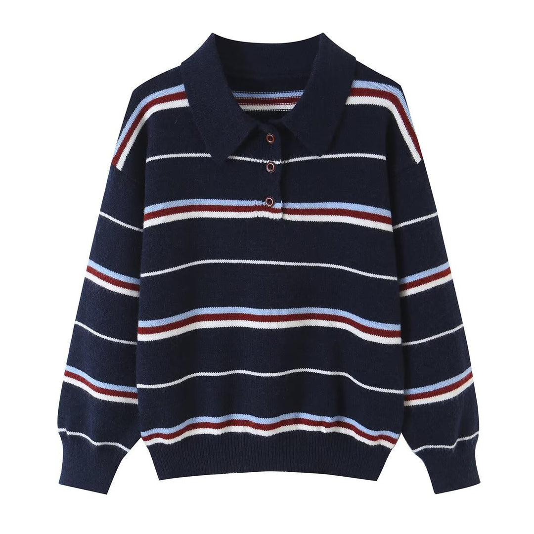 Women's Striped Knit Polo Sweater with Short Button Placket and Ribbed Cuffs Amarae
