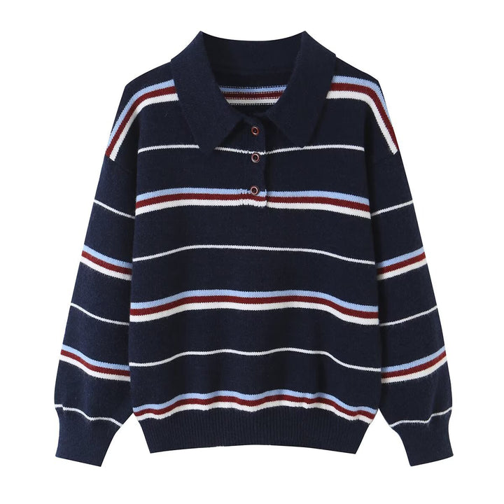 Women's Striped Knit Polo Sweater with Short Button Placket and Ribbed Cuffs Amarae